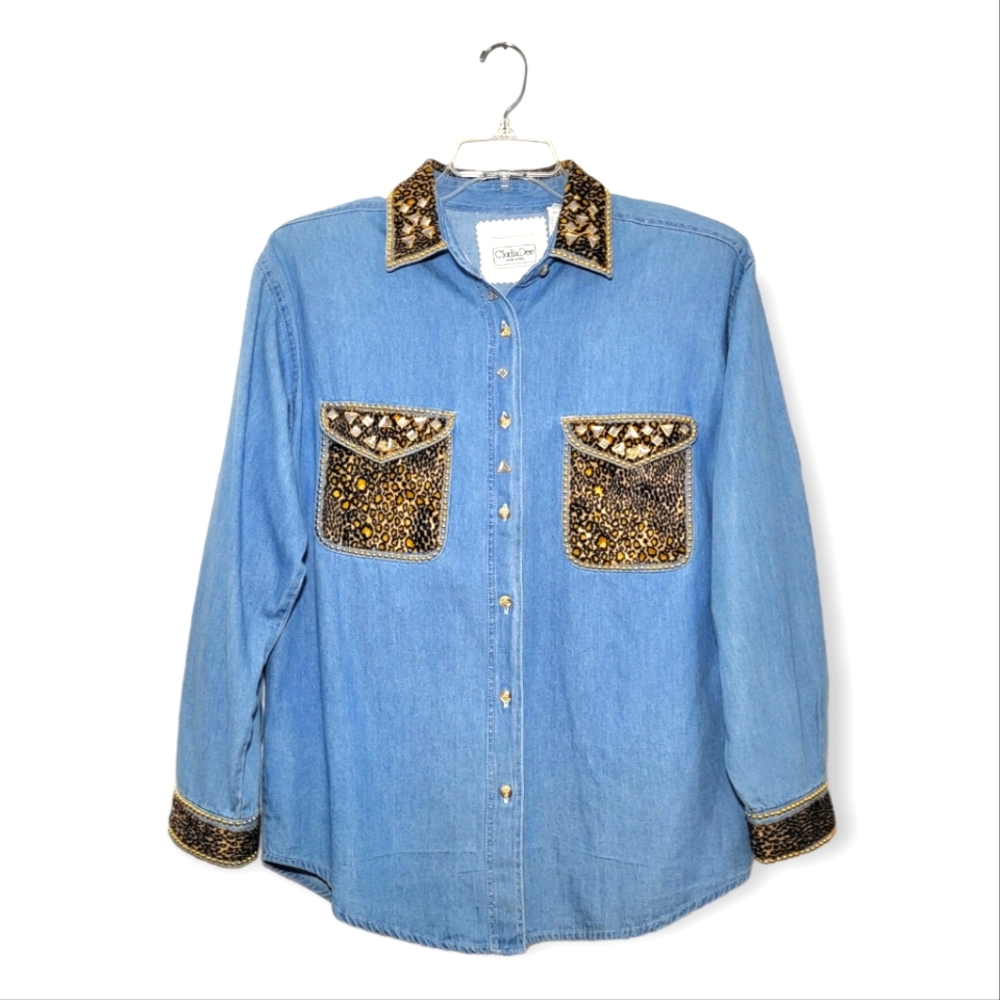 Clodia Dee New York Vintage Embellished Leopard Print Denim Top Medium